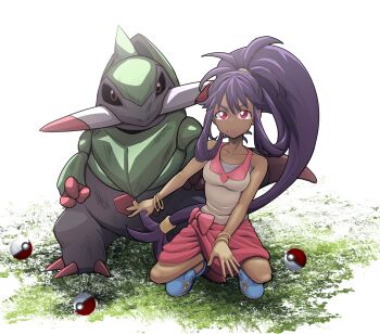 1girl adapted_costume blue_slippers bow bracelet breasts clenched_teeth collarbone collared_shirt commentary_request eyelashes fraxure gen_5_pokemon hair_rings highres iris_(pokemon) jewelry long_hair looking_at_viewer low-tied_long_hair nintendo poke_ball poke_ball_(basic) pokemon pokemon_(creature) pokemon_bw2 purple_eyes purple_hair shirt skirt sleeveless sleeveless_shirt slippers squatting tearing_up teeth zerold