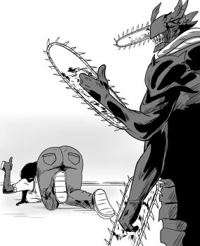 1boy 1girl ass chainsaw chainsaw_devil chainsaw_man commentary_request cristicko3845 extra_arms greyscale highres long_hair mitaka_asa monochrome pants sharp_teeth teeth thumbs_up