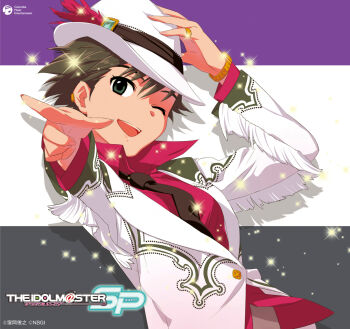 Rule 34 | 1girl, album cover, annindoufu (oicon), black hair, black necktie, bracelet, collared shirt, copyright notice, cover, drop shadow, gold bracelet, gold ring, green eyes, hand on headwear, hat, highres, idolmaster, idolmaster (classic), idolmaster sp, jacket, jewelry, kikuchi makoto, long sleeves, necktie, official art, one eye closed, open mouth, outstretched arm, pink shirt, pointing, print jacket, shirt, short hair, solo, third-party source, upper body, white hat, white jacket