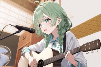 1girl :d ahoge blush braid commentary_request electric_fan green_eyes green_hair guitar highres holding holding_instrument indoors instrument long_hair long_sleeves microphone natori_hinata open_mouth playing_guitar playing_instrument project_nebula shirt siokazunoko smile solo twin_braids upper_body virtual_youtuber white_shirt