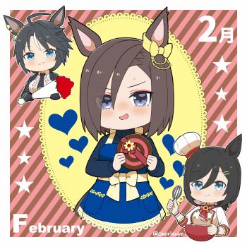 3girls ahoge air_groove_(umamusume) animal_ears apron black_hair black_jacket black_necktie blue_apron blue_eyes blue_sweater blush bouquet breasts brown_hair capriccyo center_frills chef_hat commentary_request diagonal-striped_background eishin_flash_(collect_chocolatier)_(umamusume) eishin_flash_(umamusume) flower frills fuji_kiseki_(shooting_star_revue)_(umamusume) fuji_kiseki_(umamusume) hair_between_eyes hair_ornament hairclip hat highres holding holding_bouquet horse_ears horse_girl horse_tail jacket large_breasts long_sleeves mini_hat mixing_bowl multicolored_hair multiple_girls necktie nose_blush puffy_long_sleeves puffy_sleeves shirt star_(symbol) streaked_hair striped_background sweater tail tilted_headwear turtleneck turtleneck_sweater umamusume whisk white_hair white_hat white_shirt