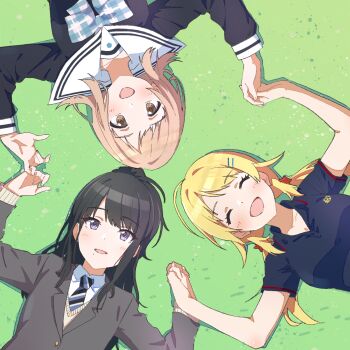 Rule 34 | 3girls, :d, black hair, black shirt, blazer, blonde hair, blush, bow, bowtie, breasts, brown eyes, brown hair, cl (h-sys.), closed eyes, collarbone, collared shirt, commentary request, facing viewer, grass, grey eyes, grey jacket, hachimiya meguru, hair ornament, highres, holding hands, idolmaster, idolmaster shiny colors, illumination stars (idolmaster), jacket, kazano hiori, lapels, long hair, long sleeves, looking at viewer, low twintails, lying, medium breasts, medium hair, mole, mole under mouth, multiple girls, necktie, on back, on ground, open mouth, sailor collar, sailor shirt, sakuragi mano, shirt, short sleeves, smile, star (symbol), star hair ornament, twintails, upper body, white sailor collar, white shirt