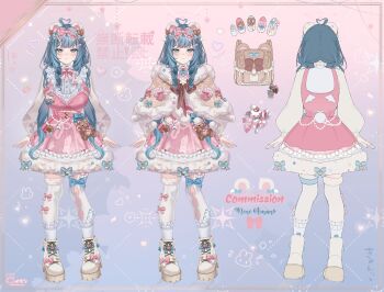 1girl absurdres ahoge amano_nene_(vtuber) animal_ears bandaid bandaid_hair_ornament blue_bow blue_eyes blue_hair boots bow bowtie braid breasts brown_bag brown_bow brown_capelet buttons candy candy_cane capelet character_name cherry closed_mouth commentary commission dress english_commentary eyelashes food food-themed_hair_ornament fruit fur-trimmed_capelet fur-trimmed_dress fur-trimmed_thighhighs fur_trim hair_ornament heart heart_ahoge heart_hair_ornament highres indie_virtual_youtuber isari_sensei long_sleeves multiple_views pinafore_dress pink_bow pink_bowtie pink_dress pink_nails pom_pom_(clothes) pretzel sleeveless sleeveless_dress socks socks_over_thighhighs stuffed_animal stuffed_toy teddy_bear thighhighs virtual_youtuber white_boots white_socks white_thighhighs