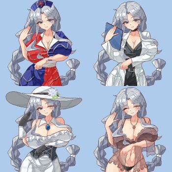 1girl arm_under_breasts belt belt_buckle black_corset black_gloves black_pants black_shirt blue_background blue_eyes blush braid breast_pocket breasts brooch buckle clipboard closed_eyes commentary constellation_print corset cross doctor dress eaglov english_commentary frilled_dress frills furrowed_brow gloves grey_hair hat highres holding holding_clipboard huge_breasts jewelry lingerie long_hair mole mole_on_breast multicolored_dress multiple_views navel necklace nurse_cap pants parted_bangs pixel_art pocket red_cross shirt simple_background solo touhou underwear white_dress yagokoro_eirin