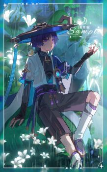 1boy absurdres anemo_symbol_(genshin_impact) arm_at_side arm_support armor belt black_belt black_bodysuit black_bow black_bridal_gauntlets black_sandals black_shorts blue_cape blue_gemstone blue_hat blue_kimono blue_sleeves blunt_ends bodysuit border bow bridal_gauntlets bridal_legwear cape colored_inner_hair covered_collarbone expressionless eyeliner eyeshadow feathers fingernails flower forest full_body furisode gem genshin_impact glowing_gem gold gold_ring hakama hakama_shorts hand_up hat highres japanese_armor japanese_clothes jingasa juban kimono kote kurokote layered_sleeves leg_warmers looking_up makeup male_focus mandarin_collar miaoyeza233 middle_ring multicolored_hair nature open_clothes open_hand open_kimono ornate_border outdoors parted_lips pleated_shorts pom_pom_(clothes) purple_eyes purple_hair purple_rope purple_sash rain red_eyeliner red_eyeshadow rope sample_watermark sandals sash scaramouche_(genshin_impact) short_sleeves shorts shoulder_peek sitting solo stirrup_legwear tassel toeless_legwear toenails toes tsurime vision_(genshin_impact) wanderer_(genshin_impact) watermark wet white_border white_flower white_kimono white_leg_warmers white_sleeves white_trim yellow_feathers zouri