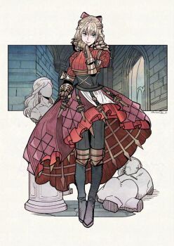 1girl artist_name black_corset blonde_hair blue_eyes boots bow breasts broken_statue closed_mouth commentary corset dress drill_hair english_commentary full_body gauntlets hair_between_eyes hair_bow hair_ribbon hashtag-only_commentary herheim highres large_breasts long_hair looking_at_viewer narrow_waist norbelle_(unicorn_overlord) red_bow red_dress ribbon scarlett_(unicorn_overlord) signature smile solo statue sweater turtleneck turtleneck_sweater unicorn_overlord