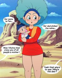 Rule 34 | 1girl, afro, baby, blue eyes, blue hairband, blurry, blurry background, blush, bulma, carrying, cloud, day, desert, dragon ball, dragonball z, dress, embarrassed, english text, feet out of frame, green hair, hairband, highres, legs, looking to the side, open mouth, outdoors, pervymarioman, sky, speech bubble, standing, thighs, vest