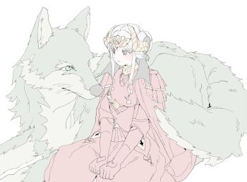 1girl animalization armor aziemblemfates breasts cape closed_mouth collared_cape double_bun dress edelgard_von_hresvelg edelgard_von_hresvelg_(timeskip) fake_horns female_byleth_(fire_emblem) fire_emblem fire_emblem:_three_houses hair_bun hair_up hashtag-only_commentary headpiece highres horns korean_commentary light_blush looking_to_the_side nintendo person_and_animalization purple_eyes red_cape red_dress small_breasts white_hair wolf