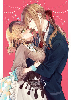 Rule 34 | 1boy, 1girl, apron, blonde hair, blue coat, blue wrist cuffs, blush, border, breasts, brown dress, brown gloves, brown hair, brown hairband, candy, chocolate, chocolate heart, coat, commentary request, cowboy shot, dress, eye contact, food, food in mouth, frilled apron, frilled hairband, frilled sleeves, frills, from side, glasses, gloves, green eyes, hair ribbon, hairband, hand in another's hair, hand on another's head, heart, heart-shaped food, height difference, hetero, highres, hug, jade curtiss, large breasts, leaning forward, long hair, long sleeves, looking at another, low ponytail, medium hair, mouth hold, natalia luzu kimlasca lanvaldear, necktie, outside border, pink background, ponytail, profile, red eyes, red necktie, red ribbon, ribbon, shirt, shuragyoku mami, sparkle, sweatdrop, tales of (series), tales of the abyss, teeth hold, twitter username, valentine, vest, white apron, white border, white shirt, wrist cuffs