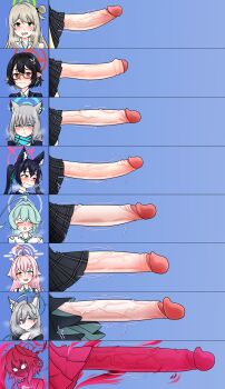5+futa 6+futa absurdres ayane_(blue_archive) blue_archive breasts chart clothes_lift erection futanari highres hoshino_(blue_archive) hoshino_terror_(blue_archive) huge_penis huge_testicles large_penis multiple_futa nodachinsfw nonomi_(blue_archive) penis penis_chart penis_size_difference school_uniform serika_(blue_archive) shiroko_terror_(blue_archive) size_comparison size_difference skirt testicles veins veiny_penis yume_(blue_archive)