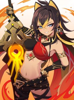 1girl armlet asymmetrical_clothes bandeau bare_shoulders beacon_of_the_reed_sea_(genshin_impact) black_bandeau black_pants blonde_hair blue_eyes breasts brown_hair clawed_gauntlets commentary_request cowboy_shot crossed_bangs dark-skinned_female dark_skin dehya_(genshin_impact) earrings fire genshin_impact glint gold_armlet gold_choker gradient_background greatsword grin hair_between_eyes hair_ears hand_on_own_hip highres holding holding_sword holding_weapon jewelry large_breasts long_hair looking_at_viewer multicolored_hair navel pants parted_lips planted planted_sword planted_weapon pyrokinesis qixi_cui_xing red_bandeau simple_background single_pantsleg smile solo streaked_hair sword torn_clothes torn_pants weapon