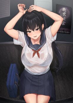 1girl a_mezashi absurdres arms_up bag black_eyes black_hair black_sailor_collar black_skirt bra_visible_through_clothes breasts commentary_request highres large_breasts long_hair original ponytail sailor_collar school_bag school_uniform see-through_clothes see-through_shirt serafuku shirt short_sleeves sitting skirt solo thighs wet wet_clothes wet_shirt