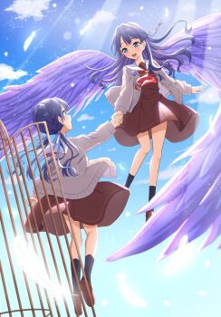 2girls :d birdcage black_socks blue_eyes blue_ribbon blue_sky brown_dress brown_shoes cage cardigan commentary_request dress dual_persona feathered_wings floating_hair flying full_body grey_cardigan hair_ribbon hajimari_no_haneoto half_updo hasu_no_sora_school_uniform highres link!_like!_love_live! loafers long_sleeves love_live! low_twintails medium_dress multiple_girls murano_sayaka neckerchief open_cardigan open_clothes open_mouth pleated_dress profile purple_hair purple_wings qy73 red_neckerchief ribbon sailor_collar sailor_dress school_uniform shoes sky smile socks taking_another&#039;s_hand time_paradox twintails virtual_youtuber white_sailor_collar wings winter_uniform