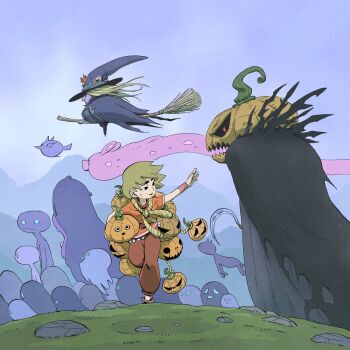 Rule 34 | 1boy, arm up, bandaged arm, bandages, broom, broom riding, creature, fantasy, flying, full body, grass, halloween, hat, highres, holding, holding pumpkin, jack-o'-lantern, jack-o'-lantern head, light smile, migamigami, on grass, open mouth, orange shirt, pants, pumpkin, pumpkin head, rock, shirt, short hair, sky, toon (style), waving, witch, witch hat