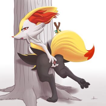 1girl absurdres animal_ear_fluff animal_ears animal_feet animal_hands animal_nose animal_pussy artist_name ass banknote between_legs black_fur blush body_fur braixen canine_pussy claws clitoris fang female_focus fox_ears fox_girl fox_tail from_behind full_body furry furry_female gen_6_pokemon half-closed_eyes hand_between_legs highres leg_up light_blush looking_at_viewer looking_back money multicolored_fur neck_fur nintendo open_mouth pawpads pokemon pokemon_(creature) presenting profile prostitution pussy pussy_juice red_eyes signature snout solo spread_pussy spreading_own_pussy standing standing_on_one_leg stick stoic5 tail tongue tree uncensored white_background white_fur yellow_fur