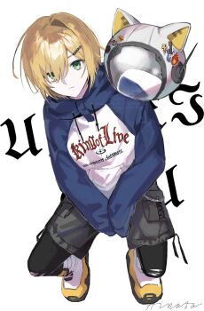 1boy animal_ear_helmet animal_ears animal_helmet black_leggings black_shorts blonde_hair blue_hood blue_sleeves boots cat_ears closed_mouth clothes_writing drawstring expressionless fake_animal_ears flame_print full_body green_eyes h_i_n_a_t_0714 hair_intakes hair_ornament hair_over_one_eye hairclip helmet highres hood hood_down hoodie invisible_chair lace-up_boots leggings lightning_bolt_print long_sleeves looking_at_viewer male_focus nijisanji no_headwear no_jacket print_hoodie raglan_sleeves shoelaces short_hair shorts signature sitting sleeves_past_wrists solo space_helmet sticker text_background torn_clothes torn_leggings unworn_headwear unworn_helmet uzuki_kou uzuki_kou_(5th_costume) v_arms virtual_youtuber wallet_chain watermark white_background white_boots white_helmet white_hoodie wolf_cut