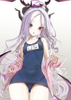 1girl ahoge bare_shoulders black_halo black_horns blue_archive blue_one-piece_swimsuit breasts covered_navel demon_girl demon_horns demon_wings fang furrowed_brow halo highres hina_(blue_archive) horns jacket loli long_hair long_sleeves looking_at_viewer low_wings multiple_horns name_tag off_shoulder old_school_swimsuit one-piece_swimsuit oomabiblogo2 open_clothes open_jacket open_mouth pink_jacket purple_eyes school_swimsuit simple_background small_breasts solo standing sweatdrop swimsuit thighs tilted_head very_long_hair white_background white_hair wings