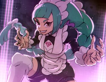 Rule 34 | 1girl, apron, black romper, blunt bangs, bow, bowtie, braid, braided ponytail, breasts, brown eyes, commentary request, green hair, grin, juliet sleeves, kotobukkii (yt lvlv), lebanne (pokemon), long braid, long hair, long sleeves, looking at viewer, maid, maid apron, maid headdress, medium breasts, mega stone, nintendo, open mouth, pokemon, pokemon legends: z-a, puffy sleeves, romper, smile, solo, sweat, teeth, thighhighs, tsurime, white bow, white bowtie, white thighhighs