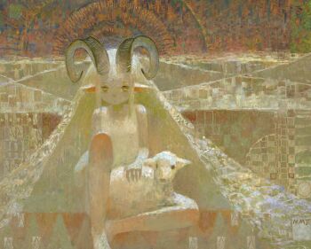 1girl animal animal_ears baby_animal blonde_hair dress highres horizontal_pupils horns knee_up lamb long_hair maomi_jita original sheep sheep_ears sheep_girl sheep_horns sitting solo very_long_hair yellow_background yellow_dress yellow_eyes