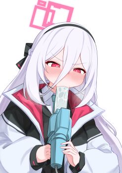 1girl absurdres aqua_necktie black_hairband black_ribbon black_shirt blue_archive blush bonefire0909 collared_shirt drinking_gasoline drooling fellatio gas_pump gas_pump_nozzle hair_between_eyes hair_ribbon hairband halo heavy_breathing highres holding jacket kei_(blue_archive) loli long_hair long_hair_between_eyes long_sleeves necktie open_clothes open_jacket oral phallic_symbol pink_halo rectangular_halo red_eyes ribbon ringed_eyes school_uniform shirt simple_background simulated_fellatio solo very_long_hair white_background white_hair white_jacket white_shirt