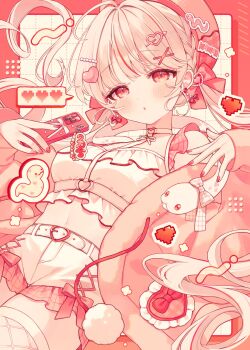 1girl belt blush bow breasts cellphone commentary_request crop_top earrings hair_bow hair_ornament hairclip hat heart heart_earrings heart_hair_ornament highres holding holding_phone jacket jewelry komomo_(2899) long_hair long_sleeves looking_at_viewer low_twintails midriff multicolored_hair navel original phone pink_nails pink_theme red_eyes sensitive shirt short_shorts shorts solo thighhighs twintails very_long_hair white_shorts