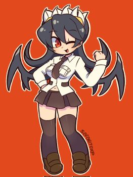 Rule 34 | 1girl, black hair, black necktie, black skirt, black thighhighs, blush, breast pocket, breasts, brown shoes, chibi, chibi only, collared shirt, double-parted bangs, filia (skullgirls), full body, hair between eyes, highres, large breasts, loafers, long hair, long sleeves, navel, necktie, open mouth, pocket, red background, red eyes, samson (skullgirls), shirt, shoes, simple background, skirt, skullgirls, smile, sofo soup, thighhighs, white shirt