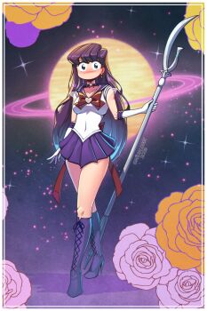 1girl arwald back_bow bishoujo_senshi_sailor_moon black_eyes black_hair boots bow breasts brooch choker circlet cosplay earrings elbow_gloves gem gloves high_heel_boots high_heels highres jewelry komi-san_wa_komyushou_desu komi_shouko lace-up_boots long_hair magical_girl medium_breasts miniskirt no_mouth pleated_skirt purple_boots purple_bow purple_choker purple_eyes purple_gemstone purple_hair purple_sailor_collar purple_skirt sailor_collar sailor_saturn sailor_saturn_(cosplay) shirt short_sleeves silence_glaive skirt solo star_(symbol) star_choker star_ornament white_gloves white_shirt