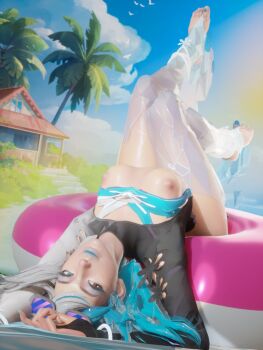 3d alternate_costume armpits asymmetrical_bangs asymmetrical_clothes asymmetrical_eyes asymmetrical_hair beach bird blender_(medium) blue_eyes blue_one-piece_swimsuit blue_sky breasts brown_eyes cazr34 cleavage cloud day feet highres horizon house huge_breasts ice leg_up lifebuoy long_hair looking_at_viewer luna_snow luna_snow_(cool_summer) lying marvel marvel_rivals no_panties nude on_back one-piece_swimsuit outdoors palm_tree sand sky stirrup_legwear swim_ring swimsuit thighhighs toeless_legwear tree upside-down water