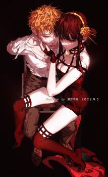 1boy 1girl arms_behind_back bare_shoulders black_background black_boots black_dress black_gloves blonde_hair blood blood_from_mouth blue_eyes boots breasts brown_pants brown_shoes chair chaoxibumian cleavage collared_shirt commentary_request dated dress earrings fingerless_gloves flower gloves gold_earrings gold_hairband hair_between_eyes hair_flower hair_ornament hair_stick hairband hand_on_another&#039;s_cheek hand_on_another&#039;s_face high-low_dress highres jewelry large_breasts long_hair medium_breasts nosebleed pants parted_lips red_eyes restrained shirt shoes short_hair sidelocks sitting sitting_on_lap sitting_on_person spy_x_family thigh_boots twilight_(spy_x_family) updo white_shirt yor_briar