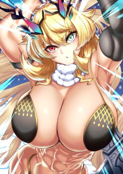 Rule 34 | 1girl, abs, absurdres, armpits, arms up, axe, bare shoulders, barghest (fate), barghest (ice warrior) (fate), battle axe, biceps, bikini, black bikini, blonde hair, blush, breasts, cleavage, commentary request, fate/grand order, fate (series), gauntlets, gold trim, green eyes, hair ornament, hair scrunchie, heterochromia, high ponytail, highleg, highleg bikini, highres, horns, huge breasts, kiteno kiten, long hair, looking at viewer, muscular, muscular female, navel, open mouth, ponytail, red eyes, scarf, scrunchie, sidelocks, single gauntlet, solo, swimsuit, weapon, white scarf
