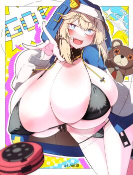 1girl artist_name bikini black_bikini blush border breasts bridget_(guilty_gear) bursting_breasts cameltoe english_text fang female_focus genderswap genderswap_(mtf) guilty_gear huge_breasts kuyu730 looking_at_viewer original outline pale_skin shiny_skin skin_fang skindentation smile solo standing stuffed_animal stuffed_toy swimsuit teddy_bear toy white_border white_outline yo-yo