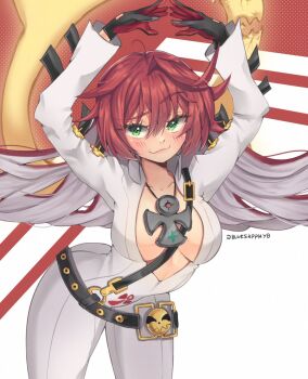 1girl ankh_necklace artist_name black_gloves bluesapphyowo blush bodysuit breasts broken_halo center_opening closed_mouth colored_inner_hair commentary english_commentary gloves guilty_gear guilty_gear_strive hair_between_eyes halo highres jack-o&#039;_valentine large_breasts long_hair looking_at_viewer multicolored_hair red_hair smile solo twitter_username two-tone_hair white_bodysuit white_hair