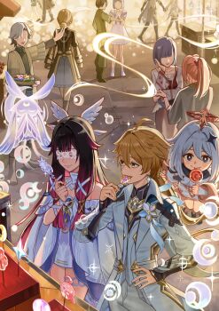 1boy 2girls absurdres aether_(as_heaven_and_earth_are_made_anew)_(genshin_impact) aether_(genshin_impact) afureru_colors ahoge bare_shoulders black_hair blonde_hair bow closed_eyes closed_mouth coat columbina_(genshin_impact) commentary eating eye_mask floating food genshin_impact hair_between_eyes hair_ornament halo hand_on_own_hip hand_up highres holding holding_food long_hair looking_at_another luonnotar_(genshin_impact) mask multiple_girls official_alternate_costume paimon_(genshin_impact) purple_hair smile star_(symbol) star_hair_ornament symbol-only_commentary very_long_hair white_bow white_coat white_halo wing_hair_ornament