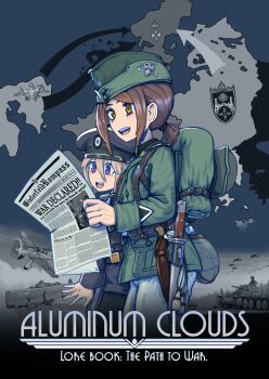 2girls absurdres aircraft airplane airship bayonet bedroll blonde_hair blue_eyes brown_eyes brown_hair erica_(naze1940) grey_hat grey_jacket hair_between_eyes hat highres insignia jacket knife_sheath long_sleeves low_ponytail map military_hat military_uniform military_vehicle motor_vehicle multiple_girls newspaper open_mouth original pants peaked_cap ponytail scabbard sheath short_ponytail sidelocks smile tank teeth upper_teeth_only weapon white_pants