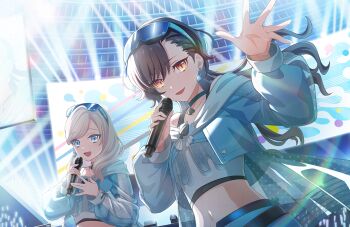 2girls :d aqua_choker bare_shoulders black_hair blue_eyes blue_jacket ceras_yanagida_lilienfeld choker collarbone drive_spade_crazy earrings edel_note eyewear_on_head game_cg glowstick grey_hair highres holding holding_microphone jacket jellyfish_cut jewelry katsuragi_izumi link!_like!_love_live! long_sleeves looking_at_viewer love_live! microphone midriff multiple_girls navel non-web_source off_shoulder official_art open_clothes open_jacket open_mouth orange_eyes penlight_(glowstick) safety_glasses slit_pupils smile spade_choker stage teardrop_earrings virtual_youtuber