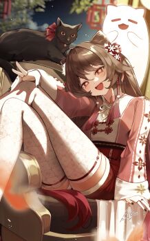 1girl :d absurdres alternate_costume asahi_(vjss4548) black_cat black_nails blush boo_tao_(genshin_impact) brown_hair cat couch earrings flower-shaped_pupils genshin_impact highres hu_tao_(genshin_impact) jewelry long_hair looking_at_viewer nail_polish on_couch open_mouth red_eyes red_shirt red_shorts shirt shorts sitting smile solo symbol-shaped_pupils thighhighs white_thighhighs