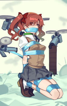 1girl arms_behind_back bound bow breasts brown_eyes brown_hair brown_sweater_vest cad_(caddo) collar collared_shirt drone gag green_collar grey_skirt hair_bow highres improvised_gag kneeling loafers long_hair looking_at_viewer miniskirt pleated_skirt red_bow restrained school_uniform shirai_kuroko shirt shoes short_sleeves skirt small_breasts solo summer_uniform sweater_vest tape tape_bondage tape_gag toaru_kagaku_no_railgun toaru_majutsu_no_index tokiwadai_school_uniform twintails v-neck white_shirt
