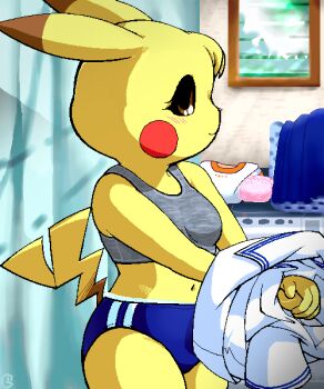 1girl :3 animal animal_ears black_sclera blonde_hair blue_buruma blue_skirt blush breasts brown_eyes buruma colored_sclera curtains furry g-sun gen_1_pokemon grey_sports_bra laundry_basket lightning_bolt_symbol mouse_(animal) mouse_girl navel nintendo panties picture_frame pikachu pikachu_ears pikachu_tail pink_panties pokemon pokemon_(creature) pokemon_tail removing_shirt school_uniform shirt short_hair skirt small_breasts sports_bra standing tail underwear undressing unworn_panties unworn_shirt unworn_skirt washing_machine white_panties white_shirt yellow_fur