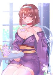 Rule 34 | 1girl, artist name, breasts, brown eyes, brown hair, cleavage, cup, hairband, highres, japanese clothes, kanzaki sumire, large breasts, legs, looking at viewer, no bra, open mouth, sakura taisen, sega, short hair, sitting, smile, solo, teacup, thick thighs, thighs