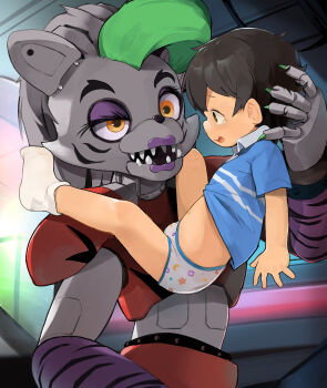 1boy 1girl animal_print belt blue_shirt five_nights_at_freddy's five_nights_at_freddy's:_security_breach five_nights_at_freddy's_1 gregory_(fnaf) highres robot roxanne_wolf shirt shota studded_belt underwear you_gonna_get_raped yupa_(notebook14) zebra_print