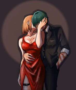 Rule 34 | 2girls, black suit, commentary, dress, formal clothes, green hair, hand on another's waist, highres, jewelry, jujutsu kaisen, kugisaki nobara, lumen sky, multiple girls, necklace, orange hair, parted lips, red dress, scar, scar across eye, scar on arm, scar on back, scar on face, short hair, suit, yuri, zen'in maki, zen'in maki (post shibuya)