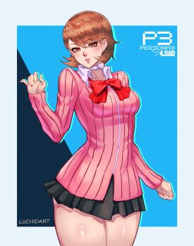 1girl artist_name black_skirt blush bow bowtie breasts brown_eyes brown_hair cardigan choker collarbone commentary copyright_name cowboy_shot earrings english_commentary flipped_hair gekkoukan_high_school_uniform hand_up heart heart_choker highres jewelry long_sleeves looking_at_viewer loose_bowtie luchidart medium_breasts miniskirt parted_lips persona persona_3 persona_3_reload pink_cardigan pleated_skirt red_bow red_bowtie ribbed_cardigan school_uniform shirt short_hair skirt solo stud_earrings takeba_yukari thighs white_choker white_shirt wing_collar