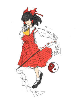 1girl ascot black_eyes black_hair bow commentary_request detached_sleeves doggo_1d34 frilled_bow frilled_hair_tubes frills full_body gohei hair_bow hair_tubes hakurei_reimu highres holding holding_gohei holding_ofuda long_hair ofuda orb red_bow red_skirt ribbon-trimmed_sleeves ribbon_trim simple_background skirt skirt_set solo touhou white_background yellow_ascot yin_yang yin_yang_orb