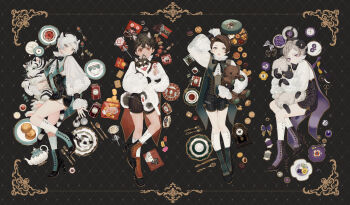4boys animal animal_ears animal_hug ankle_boots aqua_theme arm_up artist_name bag_of_chips bear bear_boy bear_ears beret between_legs black_background black_bow black_bowtie black_hair black_shorts black_theme blueberry book boots border bow bowtie box braid braided_bangs brown_theme buttons candy cape checkerboard_cookie child chips_(food) chocolate chocolate_bar chocolate_chip_cookie clock closed_mouth collared_shirt color_coordination commentary cookie creamer_(vessel) crossed_legs cup cupcake dog dog_boy dog_ears dog_tail embroidery embroidery_hoop flower food food_wrapper fork from_above fruit full_body gem gold_trim green_eyes green_footwear green_theme gummy_bear hat high_heel_boots high_heels highres horns jam jar knee_up kneehighs knife lace lace-trimmed_shirt lace_trim lollipop long_sleeves looking_at_viewer lying male_focus matching_outfits mege_(megechan) multiple_boys napkin needle on_back on_side original pansy pendulum_clock plate polka_dot potato_chips profile puffy_long_sleeves puffy_sleeves purple_cape purple_eyes purple_flower purple_footwear purple_theme red_eyes red_footwear red_gemstone saucer scissors sewing_needle sheep sheep_boy sheep_horns shirt short_hair short_jumpsuit shorts single_braid sleeves_past_wrists smile snack socks souffle_(food) spool spoon sugar_bowl sugar_cube swirl_lollipop tail tail_between_legs tailcoat tea tea_set teacup teapot thread thumbprint_cookie tiger tiger_boy tiger_ears tiger_tail translated white_hair white_shirt white_tiger yarn yellow_flower