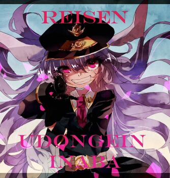 1girl alternate_costume animal_ears black_coat black_gloves black_hat blue_background character_name coat collared_shirt commentary_request floating_hair gloves grin hat letterboxed long_hair long_sleeves looking_at_viewer military_uniform necktie one-hour_drawing_challenge purple_hair rabbit_ears rabbit_girl red_eyes red_necktie reisen_udongein_inaba shinjitsu_no_kuchi shirt smile solo touhou upper_body very_long_hair white_shirt