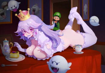 1boy 1girl :p ass boo_(mario) bottomless breasts butt_crack cake cleavage crown dress driverbunny37 earrings facial_hair feet_up food frilled_gloves frills ghost ghost_pose gloves highres jewelry large_breasts legs_up light_purple_hair long_hair looking_at_viewer luigi luigi's_mansion lying mario_(series) mustache new_super_mario_bros._u_deluxe nintendo on_stomach on_table peeking pink_eyes princess_king_boo purple_tongue sharp_teeth short_eyebrows slit_pupils super_crown table tea_set teeth the_pose thighhighs tongue tongue_out white_dress