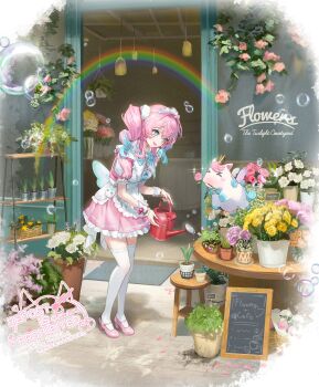 Rule 34 | 1girl, alternate costume, aqua eyes, aqua hair, dress, drill hair, enmaided, full body, gradient hair, high heels, highres, honkai: star rail, honkai (series), hyacine (honkai: star rail), little ica (honkai: star rail), maid, maid headdress, medium hair, multicolored hair, omelet tomato, open mouth, pink dress, pink hair, pink shoes, puffy short sleeves, puffy sleeves, rainbow, shoes, short sleeves, smile, standing, thighhighs, twin drills, twintails, white thighhighs, zettai ryouiki