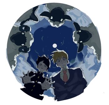 2boys animal black_eyes black_hair closed_mouth cloud collared_shirt commentary_request full_moon gakuran highres jacket kageyama_shigeo kakuseimagatu long_sleeves looking_at_viewer male_focus mob_psycho_100 moon multiple_boys necktie night night_sky open_hands orange_hair parted_lips pink_necktie reigen_arataka school_uniform sheep shirt sky white_shirt