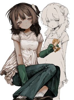 1girl :d brown_eyes brown_hair brown_shoes camisole camisole_over_clothes double-parted_bangs expressionless foot_out_of_frame gloves green_gloves green_pants hair_ornament hair_scrunchie head_tilt highres hiro_016016 holding holding_sponge jewelry knees_up looking_at_viewer medium_hair messy_hair multiple_views musical_note musical_note_necklace necklace one_side_up open_mouth original pants partially_colored rubber_gloves scrunchie shirt shoes short_sleeves simple_background sitting smile soap_bubbles socks sponge white_background white_camisole white_shirt white_socks