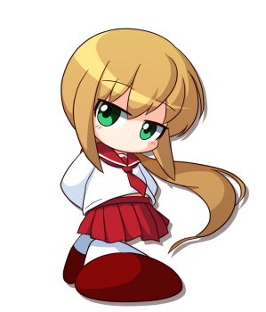 1girl arms_behind_back asouuuu blonde_hair brown_shoes commentary_request green_eyes jikkyou_powerful_pro_yakyuu jikkyou_powerful_pro_yakyuu_(style) kawata_yurari long_hair low_ponytail multicolored_shoes necktie no_mouth pleated_skirt ponytail power_pro_kun_pocket power_pro_kun_pocket_13 rayman_limbs red_necktie red_sailor_collar red_skirt sailor_collar school_uniform shirt shoes skirt solo two-tone_shoes white_background white_shirt white_shoes